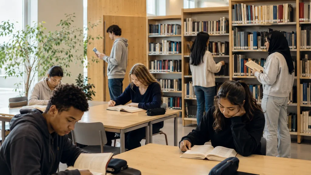 Elever i ST Martins skolbibliotek som letar och läser böcker